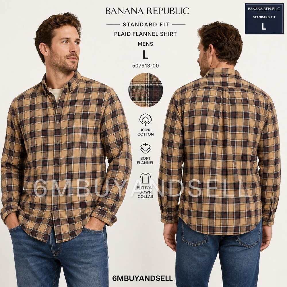 Banana Republic Mens L Plaid Flannel Shirt Tan Brown Red NWT Cotton